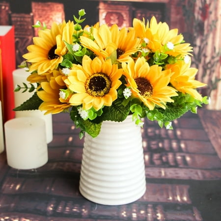 1* Artificial Flowers Fake Sunflowers Leaf Bouquet Decor Table Garden O6U7
